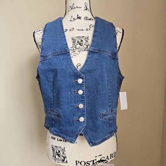 Nicole Miller Denim Vest Womens L Blue Jean Buttoned - Picture 1 of 10